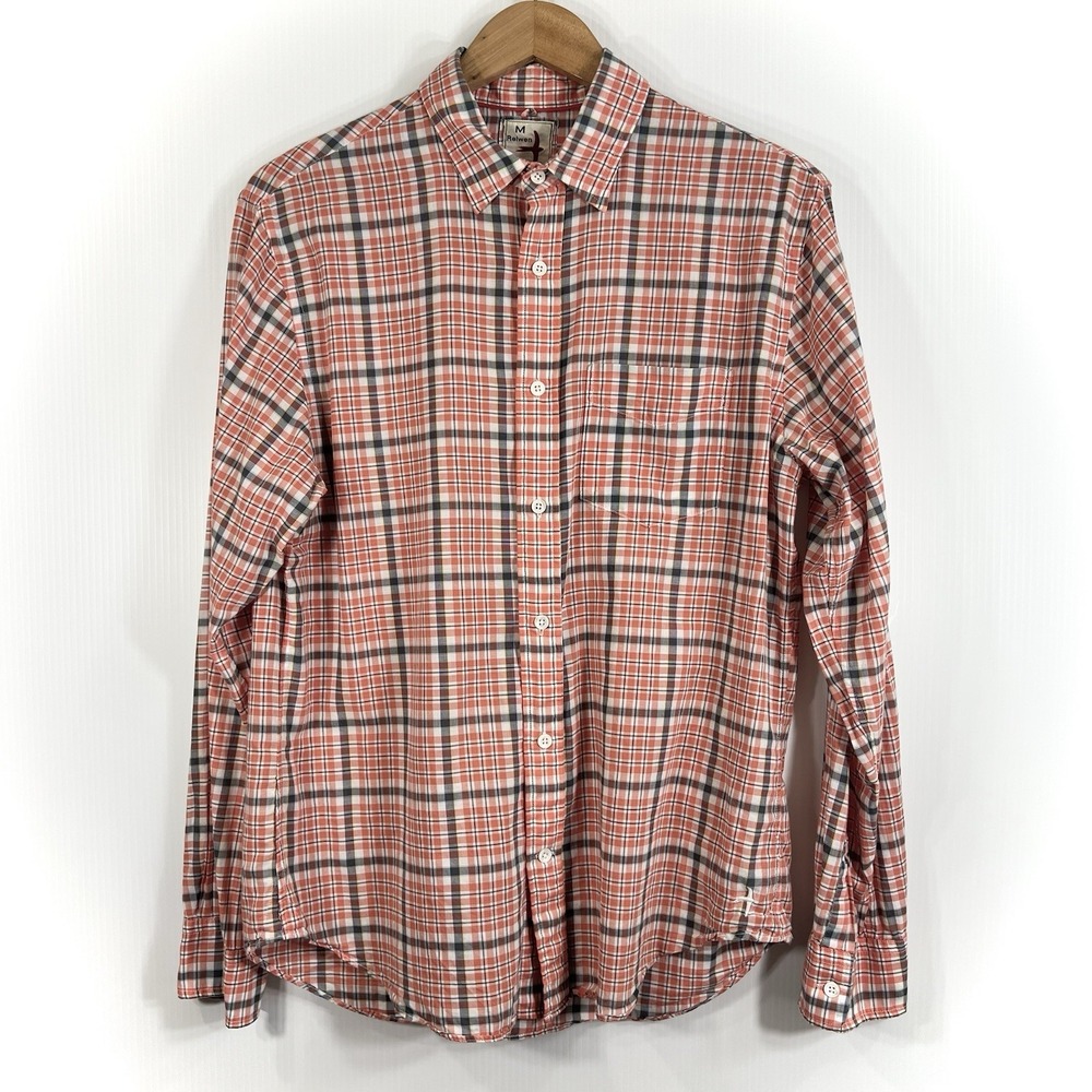 Relwen Plaid Shirt Mens Size Medium Orange Long Sleeve Button Up Shirt Cotton
